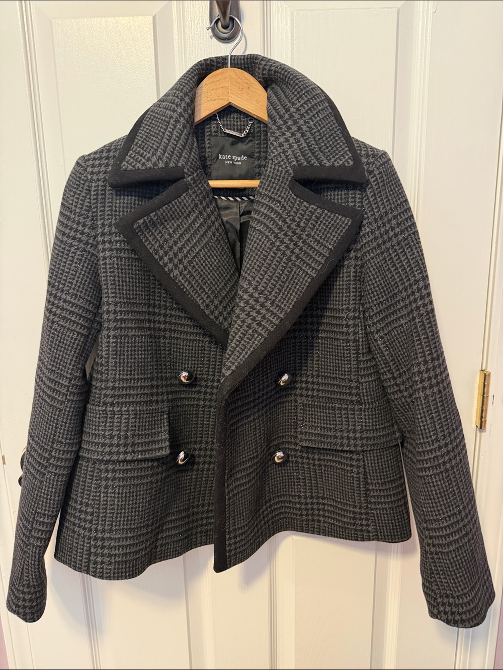 kate spade Black and Gray Plaid Double-Breasted Peacoat Preloved